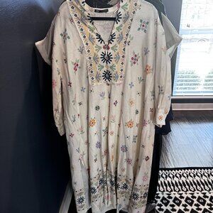 ZARA OVERSIZED LINEN BLEND FLORAL PRINT TUNIC DRESS KAFTAN WHITE